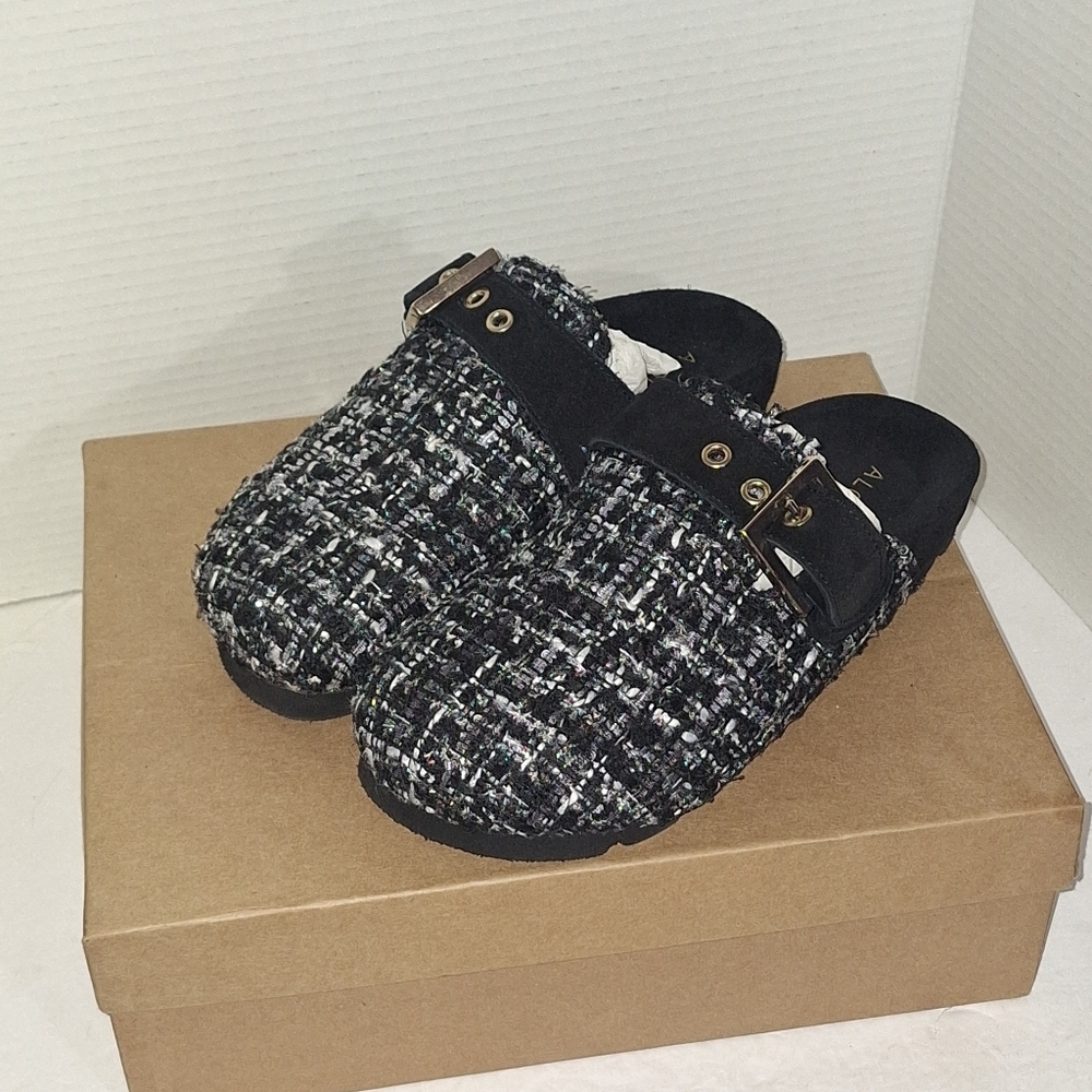 Alohas By Anthropologie Black Tweed Slip On Loafer Slides NIB Womens Size 6.5